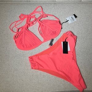 🥵HOT Kendal & Kylie Swim Coral String High Rise Bikini 2 Piece Set M Peachy NWT